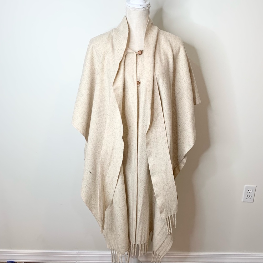 100% Wool Cape Poncho Ivory With Scarf With Fringe